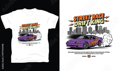 Purple drift car street race king urban landscape vector illustration.
