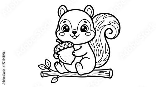 Cute cartoon squirrel holding acorn.