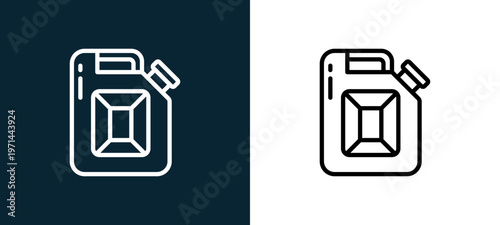 Two-color jerrycan outline icon pair in black and white, editable stroke vector illustration for web, mobile apps, UI design, branding, and print from motor sports