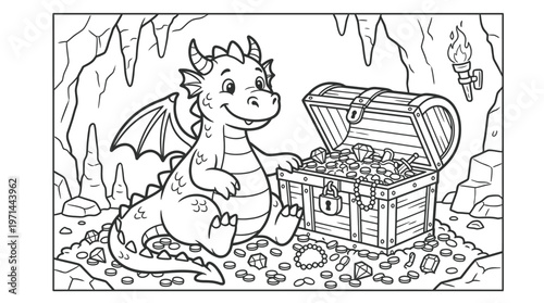 Little dragon sitting by treasure chest.