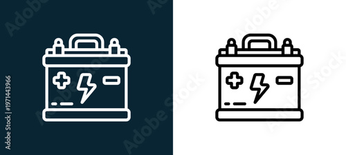 Two-color battery outline icon pair in black and white, editable stroke vector illustration for web, mobile apps, UI design, branding, and print from motor sports
