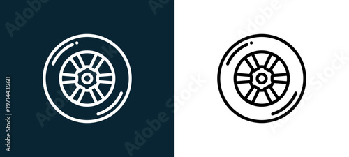 Two-color tyre outline icon pair in black and white, editable stroke vector illustration for web, mobile apps, UI design, branding, and print from motor sports