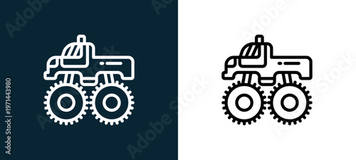 Two-color monster truck outline icon pair in black and white, editable stroke vector illustration for web, mobile apps, UI design, branding, and print from motor sports