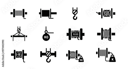 Industrial pulley, rope block, winch icons, mechanical lifting tools, black vector set