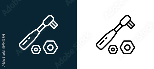 Two-color wrench outline icon pair in black and white, editable stroke vector illustration for web, mobile apps, UI design, branding, and print from motor sports