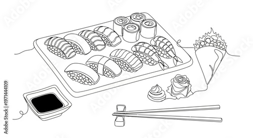 Sushi on a plate with chopsticks.