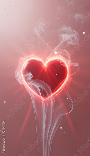 Glowing red heart shape with smoke and sparkles on dark background