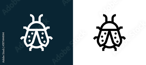 Two-color ladybug outline icon pair in black and white, editable stroke vector illustration for web, mobile apps, UI design, branding, and print from nature