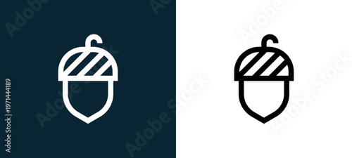 Two-color acorn outline icon pair in black and white, editable stroke vector illustration for web, mobile apps, UI design, branding, and print from nature