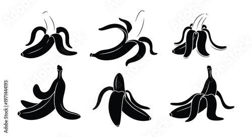 Collection of black silhouette banana peels arranged in various positions