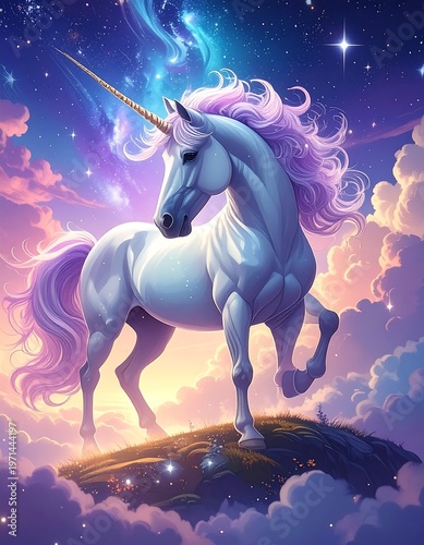 A majestic, white mythical creature with a spiraled horn and flowing mane, stands proudly on a hill, amidst fluffy clouds and a starry night