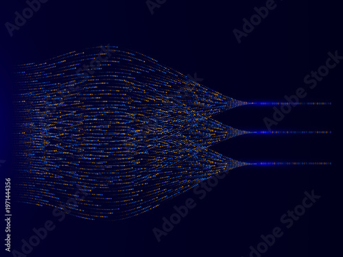 Abstract data migration process, exploding particles flowing into structured numeric data stream on dark background.