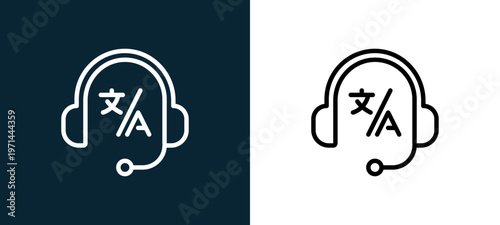 Two-color interpreter outline icon pair in black and white, editable stroke vector illustration for web, mobile apps, UI design, branding, and print from translator