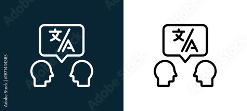 Two-color translator outline icon pair in black and white, editable stroke vector illustration for web, mobile apps, UI design, branding, and print from translator