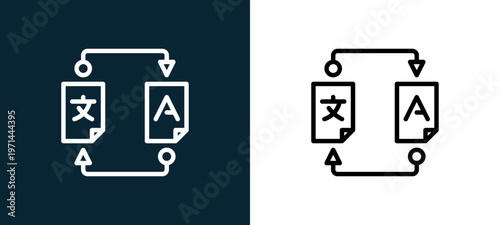 Two-color translation outline icon pair in black and white, editable stroke vector illustration for web, mobile apps, UI design, branding, and print from translator