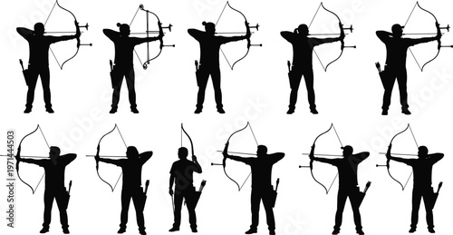 Archery silhouettes aiming bows arrows with one standing figure sports practice precision teamwork illustration vector design black figures isolated art