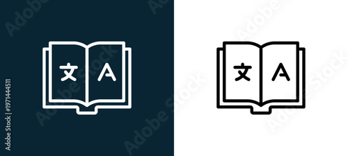 Two-color dictionary outline icon pair in black and white, editable stroke vector illustration for web, mobile apps, UI design, branding, and print from translator
