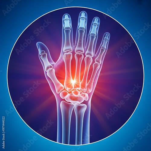 3D medical illustration of human hand bones with glowing palm highlighting carpal tunnel
