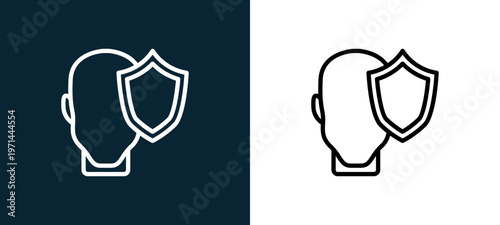 Two-color shield outline icon pair in black and white, editable stroke vector illustration for web, mobile apps, UI design, branding, and print from human mind