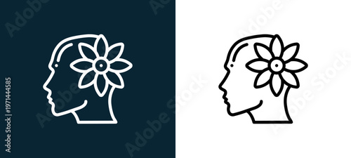 Two-color relax outline icon pair in black and white, editable stroke vector illustration for web, mobile apps, UI design, branding, and print from human mind