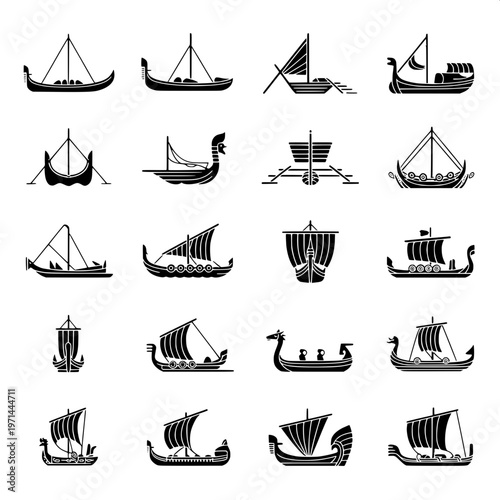 Vintage Boat Icon Set – Viking Ships & Dragon Head Longboats Black Vector Silhouettes
