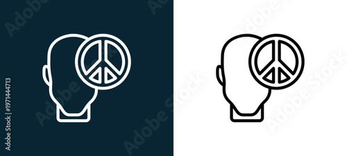 Two-color peace outline icon pair in black and white, editable stroke vector illustration for web, mobile apps, UI design, branding, and print from human mind