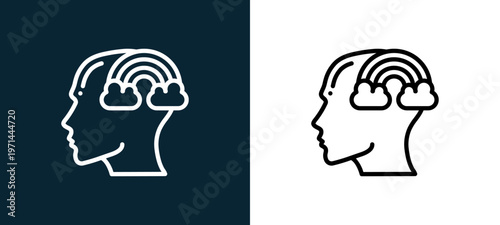 Two-color imagination outline icon pair in black and white, editable stroke vector illustration for web, mobile apps, UI design, branding, and print from human mind