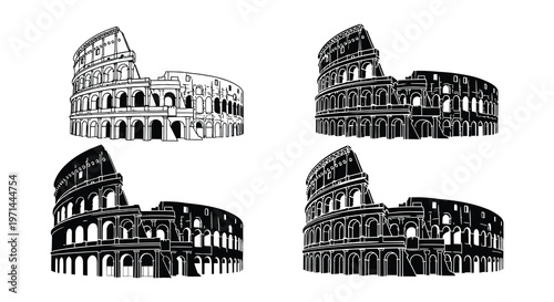 Four artistic depictions of the colosseum in black and white