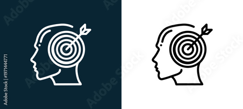 Two-color target outline icon pair in black and white, editable stroke vector illustration for web, mobile apps, UI design, branding, and print from human mind