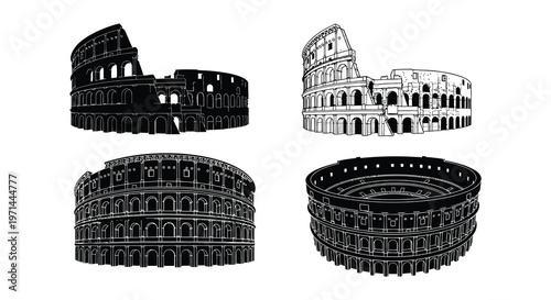 Four artistic depictions of the colosseum in black and white