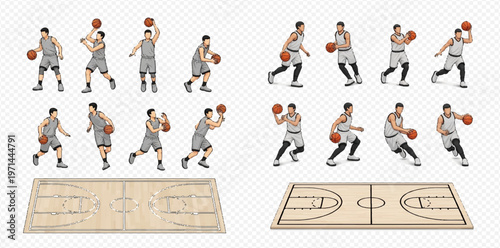 Basketball player in various poses with court layouts, vector illustration set.