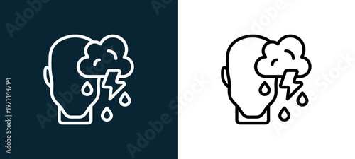 Two-color depression outline icon pair in black and white, editable stroke vector illustration for web, mobile apps, UI design, branding, and print from human mind