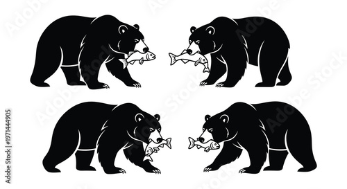 Two pairs of black bears each holding a freshly caught fish