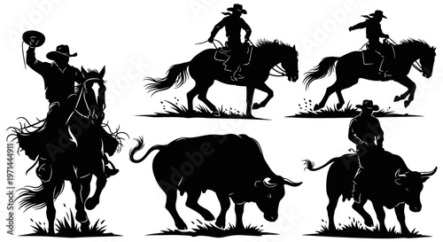 Cowboys Riding Horses and Bull Silhouettes.