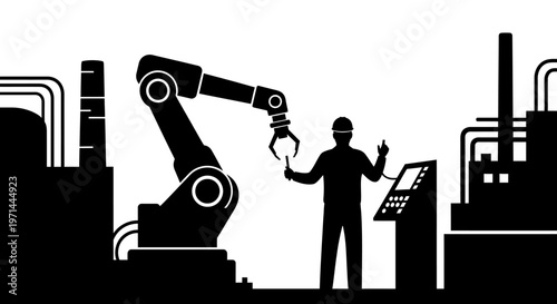 Industrial robot arm and factory worker.