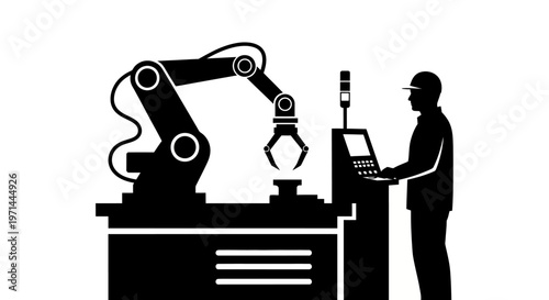 Industrial robot arm and worker.