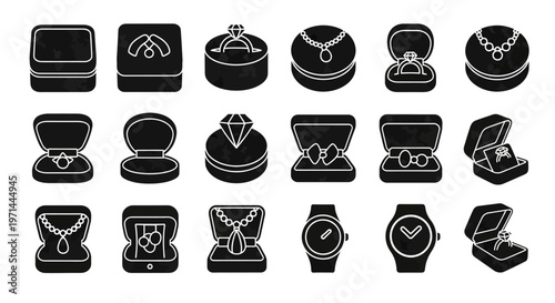 20 Black and white jewelry icons, luxury accessories set, vector graphics, jewelry box, watches, necklaces, rings