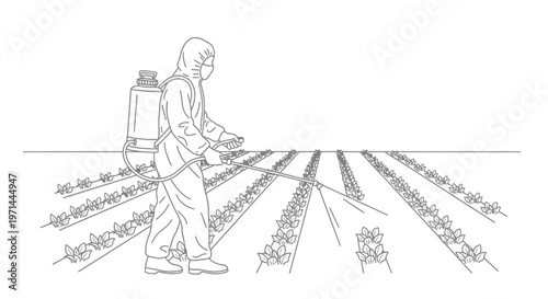 Man spraying pesticide on plant rows.