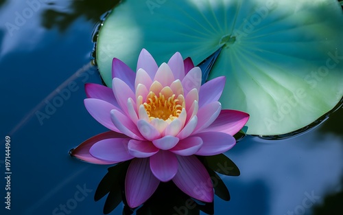 Pink lotus flower blooming on tranquil water at dusk with soft bokeh background