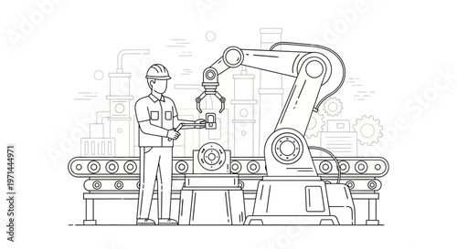 Man working with robotic arm machine.