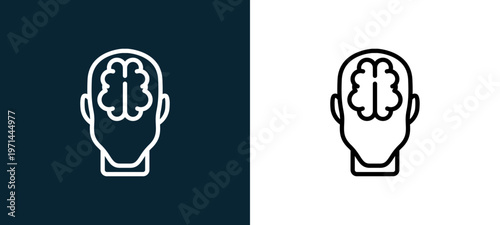 Two-color brain outline icon pair in black and white, editable stroke vector illustration for web, mobile apps, UI design, branding, and print from human mind