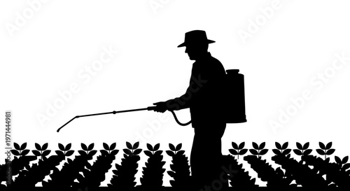 Man spraying pesticide on plants field.