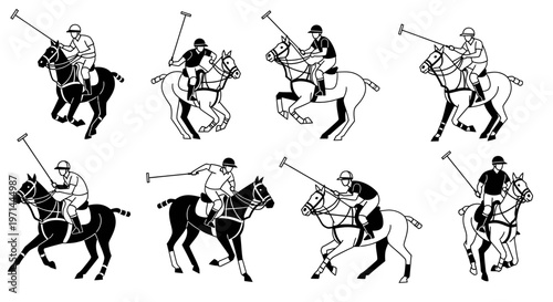 Polo players on horseback playing sport.