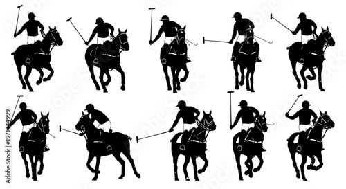 Silhouette of polo players on horseback.