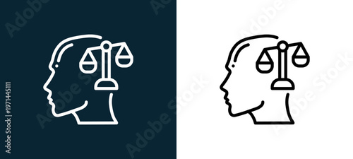 Two-color law outline icon pair in black and white, editable stroke vector illustration for web, mobile apps, UI design, branding, and print from human mind