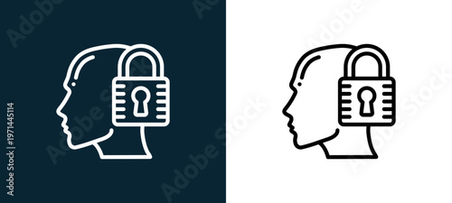 Two-color secure outline icon pair in black and white, editable stroke vector illustration for web, mobile apps, UI design, branding, and print from human mind