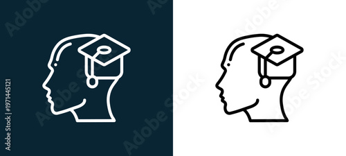 Two-color education outline icon pair in black and white, editable stroke vector illustration for web, mobile apps, UI design, branding, and print from human mind