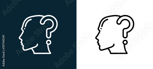 Two-color confusion outline icon pair in black and white, editable stroke vector illustration for web, mobile apps, UI design, branding, and print from human mind