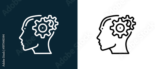Two-color thinking outline icon pair in black and white, editable stroke vector illustration for web, mobile apps, UI design, branding, and print from human mind