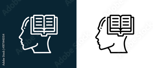 Two-color study outline icon pair in black and white, editable stroke vector illustration for web, mobile apps, UI design, branding, and print from human mind
